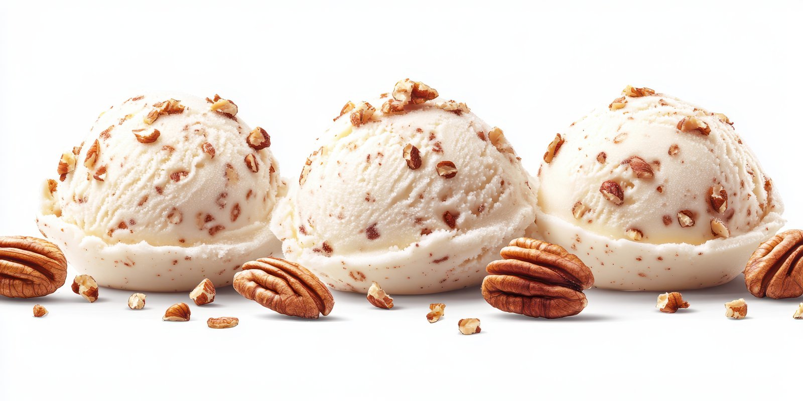 Creamy ice cream scoops topped with crunchy pecans on a white background